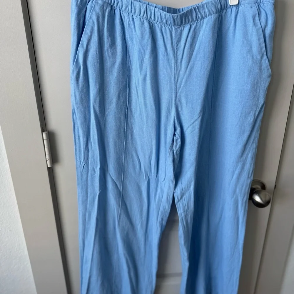 H&M Women’s Low Rise Light Blue Elastic Linen Pull On Pants Size Large